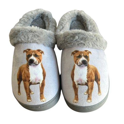 Pitbull-themed slippers with gray and white plush design, featuring soft lining, paw details, and non-slip soles 