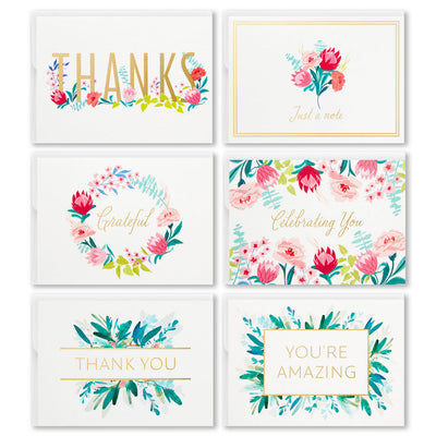 Assorted floral thank you note cards in six designs, box of 24 with envelopes, includes foil accents.