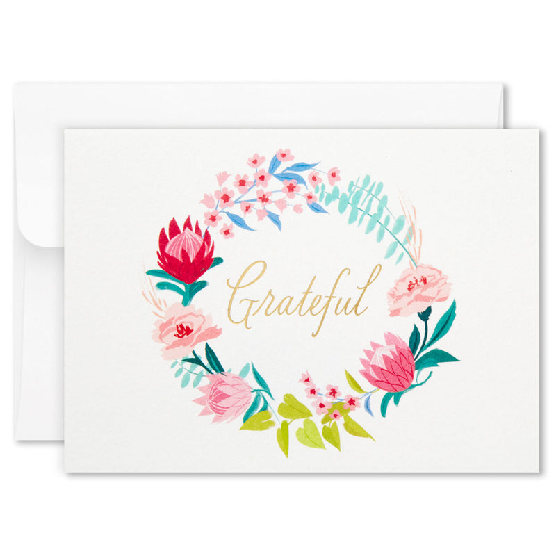 Assorted floral thank you note cards in six designs, box of 24 with envelopes, includes foil accents.