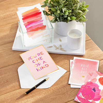 Hallmark blank cards boxed set with pink watercolor designs, brushstrokes, florals, gold foil accents, pack of 12