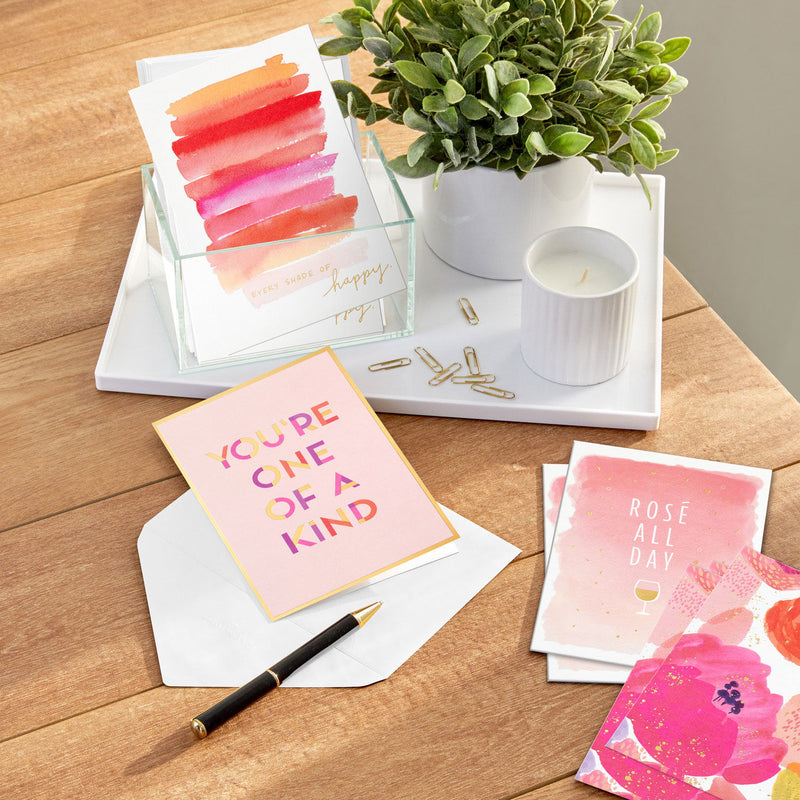 Hallmark blank cards boxed set with pink watercolor designs, brushstrokes, florals, gold foil accents, pack of 12