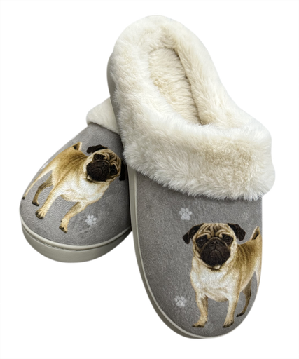 Pug-themed slippers with tan and black plush design, soft interior, and non-slip outsoles for indoor comfort.