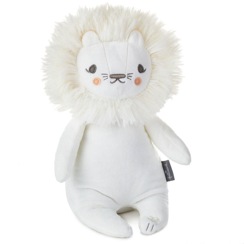 Ivory plush lion with faux fur mane and heart button for playing recorded message.

