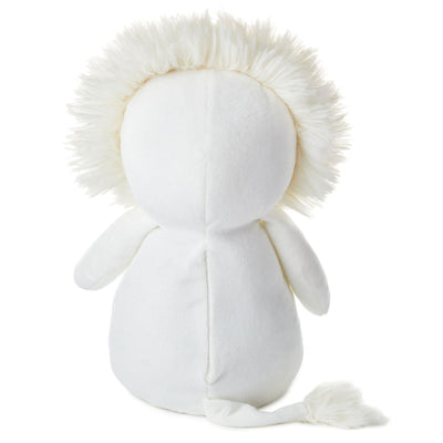 Ivory plush lion with faux fur mane and heart button for playing recorded message.

