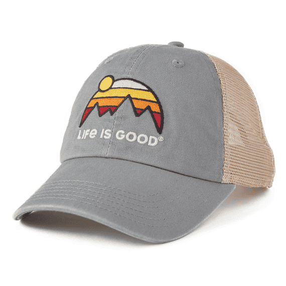 Gray mesh-back snapback hat with Life is Good sunset embroidery, soft washed cotton, six-panel unstructured crown.



