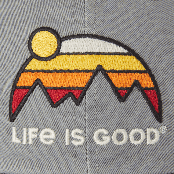 Gray mesh-back snapback hat with Life is Good sunset embroidery, soft washed cotton, six-panel unstructured crown.


