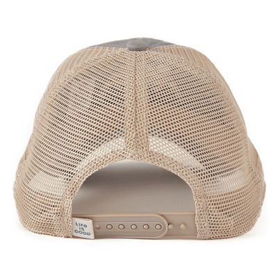 Gray mesh-back snapback hat with Life is Good sunset embroidery, soft washed cotton, six-panel unstructured crown.


