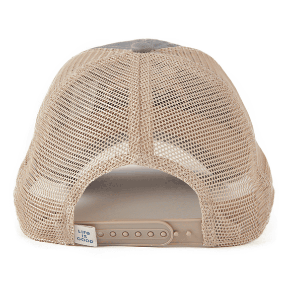 Gray mesh-back snapback hat with Life is Good sunset embroidery, soft washed cotton, six-panel unstructured crown.


