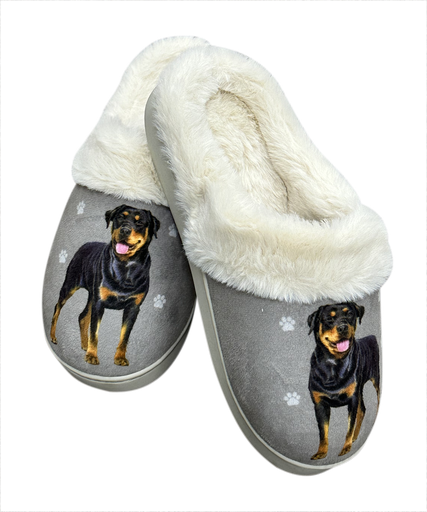 Rottweiler-themed slippers with black and tan plush design, cozy interior, and grippy non-slip soles.