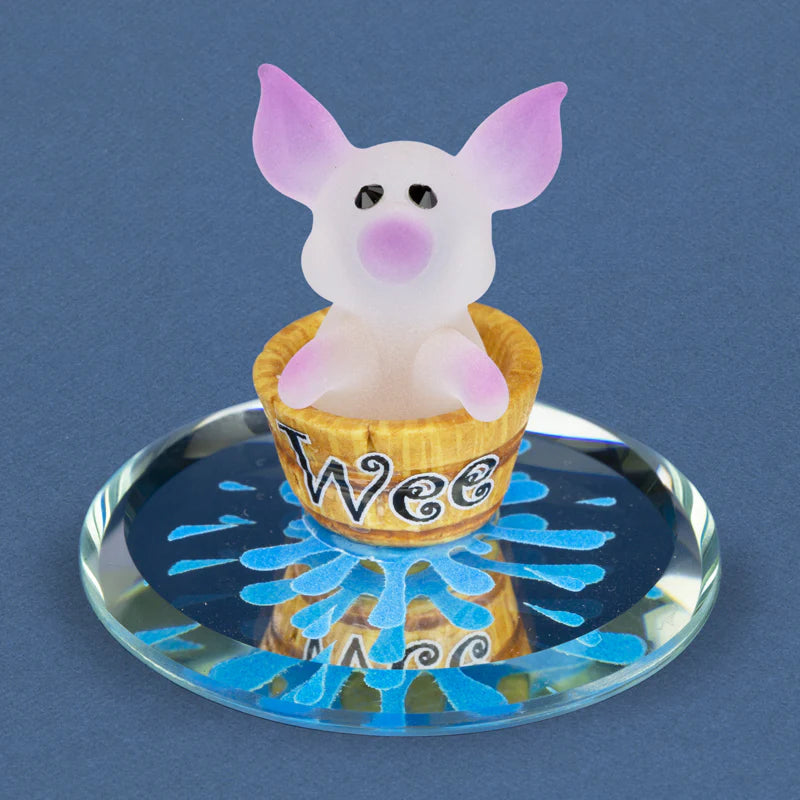 Handcrafted pink and white glass pig figurine in a barrel with crystals and beveled mirror base.