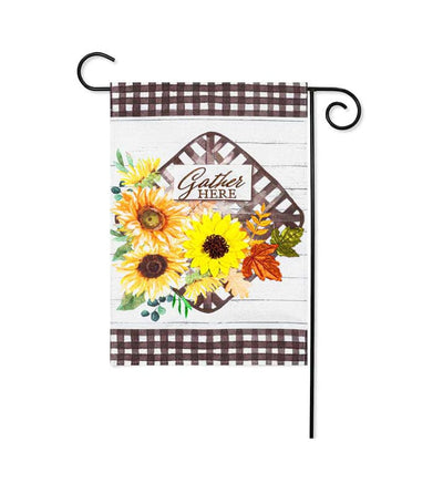 Burlap garden flag with text ‘Gather Here’ and sunflowers.