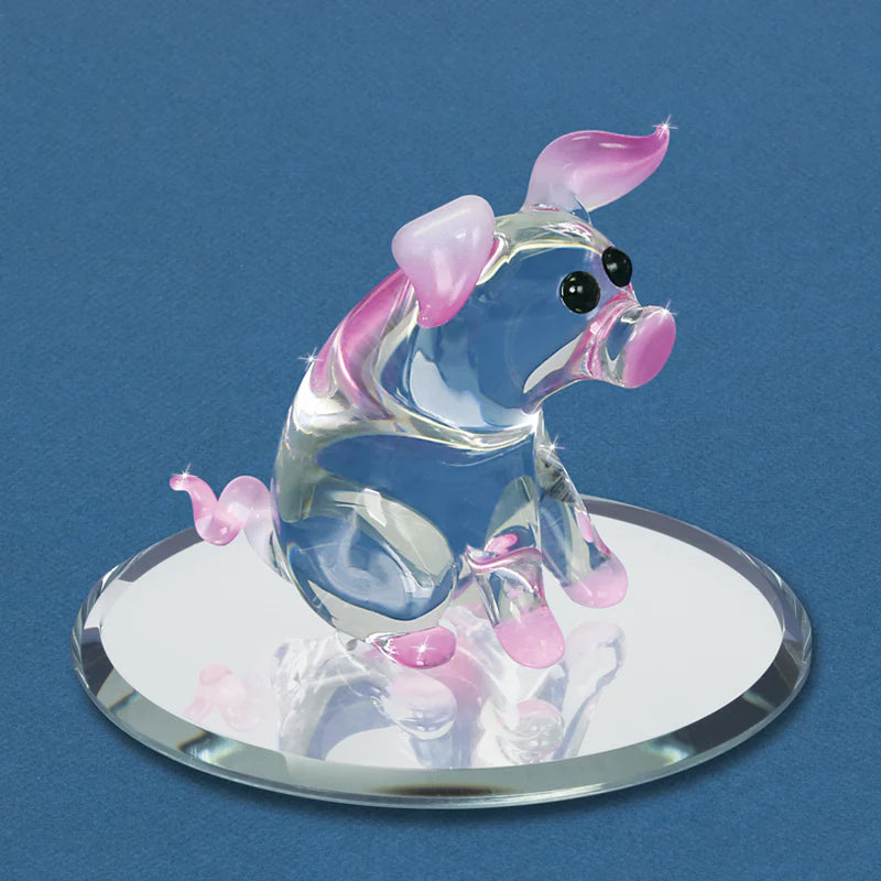 Handcrafted glass pig figurine with pink ears and Genuine Crystals on beveled glass mirror.