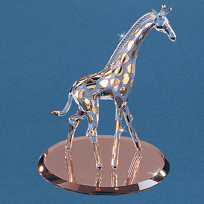 Handcrafted glass giraffe figurine on beveled glass mirror, accented with Real 22kt Gold.
