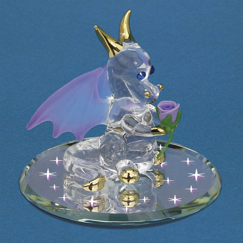 Handcrafted glass dragon figurine holding a purple rose with 22Kt gold and crystal accents.