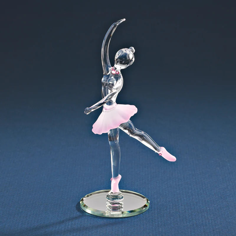 Handcrafted glass ballerina figurine in tutu with crystals, displayed on a beveled glass mirror base.