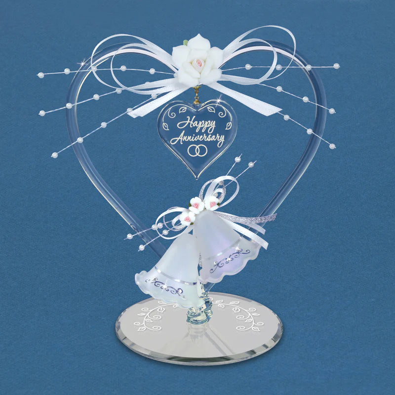 Glass anniversary heart with bells, crystals, and “Happy Anniversary” message on a beveled mirror base.