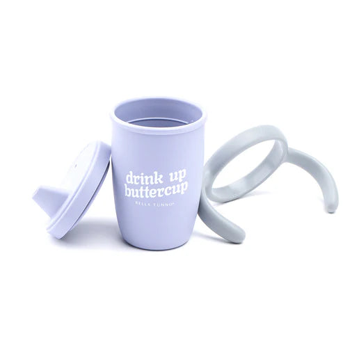 Bella Tunno Drink Up Buttercup Happy Sippy Cup made of durable food-safe silicone with removable handles, soft spout.