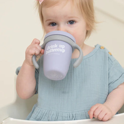 Bella Tunno Drink Up Buttercup Happy Sippy Cup made of durable food-safe silicone with removable handles, soft spout.