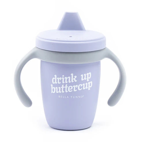 Bella Tunno Drink Up Buttercup Happy Sippy Cup made of durable food-safe silicone with removable handles, soft spout.