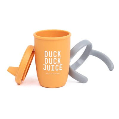 Bella Tunno Duck Duck Juice Happy Sippy Cup made of food-safe silicone with removable handles, soft spout.