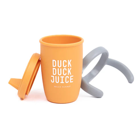 Bella Tunno Duck Duck Juice Happy Sippy Cup made of food-safe silicone with removable handles, soft spout.