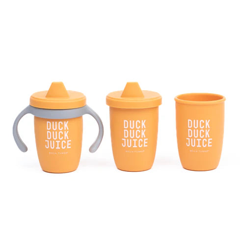 Bella Tunno Duck Duck Juice Happy Sippy Cup made of food-safe silicone with removable handles, soft spout.