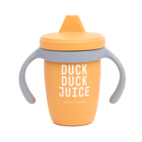 Bella Tunno Duck Duck Juice Happy Sippy Cup made of food-safe silicone with removable handles, soft spout.