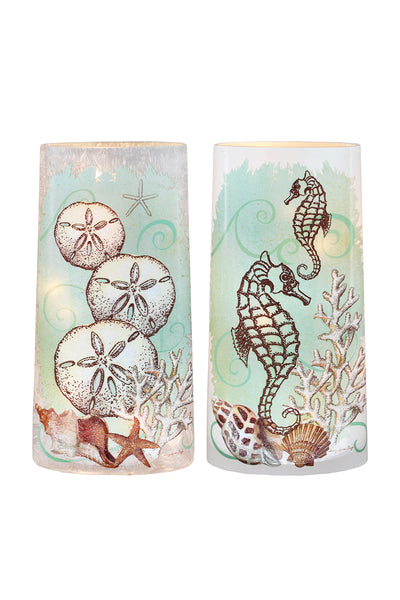 Large 10-inch light-up vase with ocean-themed painted artwork, featuring a power cord for easy display in coastal decor.

