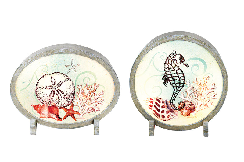 Sea Treasures glass frame with ocean-themed design, measuring 7x2x7 inches, perfect for coastal home decor.


