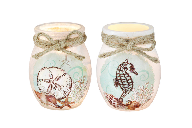 Frosted glass Sea Treasures Small Jar with jute trim, seashell charm, and glowing mini lights for ocean-inspired ambiance.
