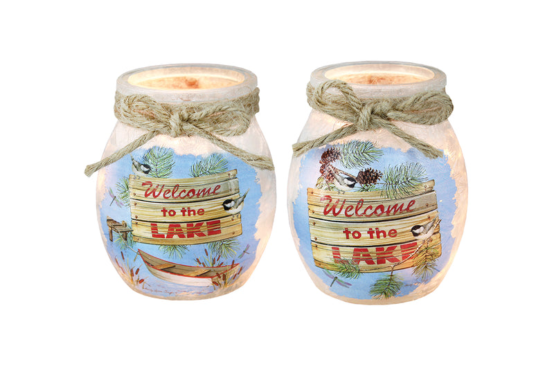 Frosted glass Lake Life Small Jar with braided jute trim, seashell charm, and warm glowing mini lights inside.

