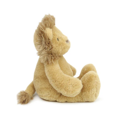 A 13-inch Mon Ami Goldie Lion plush toy with golden brown fur, a soft faux fur mane, and movable limbs for cuddles and play.