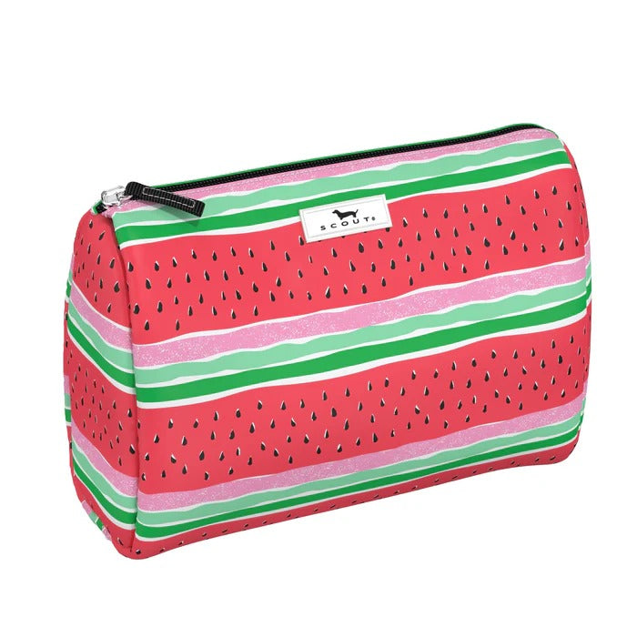 
Medium toiletry bag in Melondramatic print with wide zip opening, interior slip pocket, and roomy design for full-size bottles and brushes.