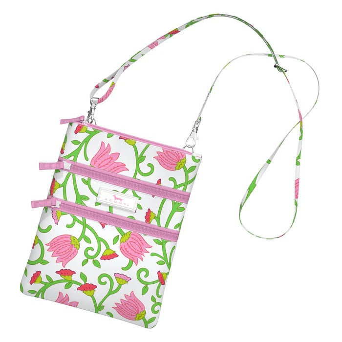 Compact Late Bloomer crossbody bag with adjustable strap, 3 zip compartments, and back pocket—lightweight and hands-free.