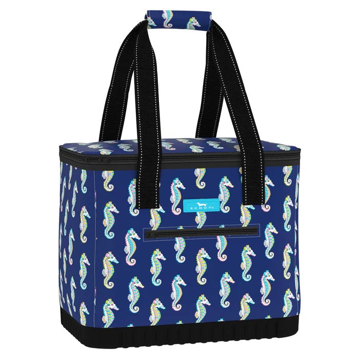 Large soft cooler in Sea Biscuit print with reinforced bottom, zip closure, and pockets—holds up to 30 cans plus ice packs.