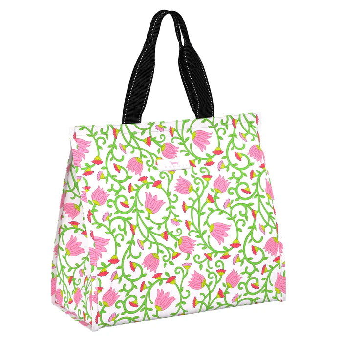 Large insulated cooler tote in Late Bloomer print with thermal lining, velcro closure, and exterior pocket—keeps food hot or cold on the go.