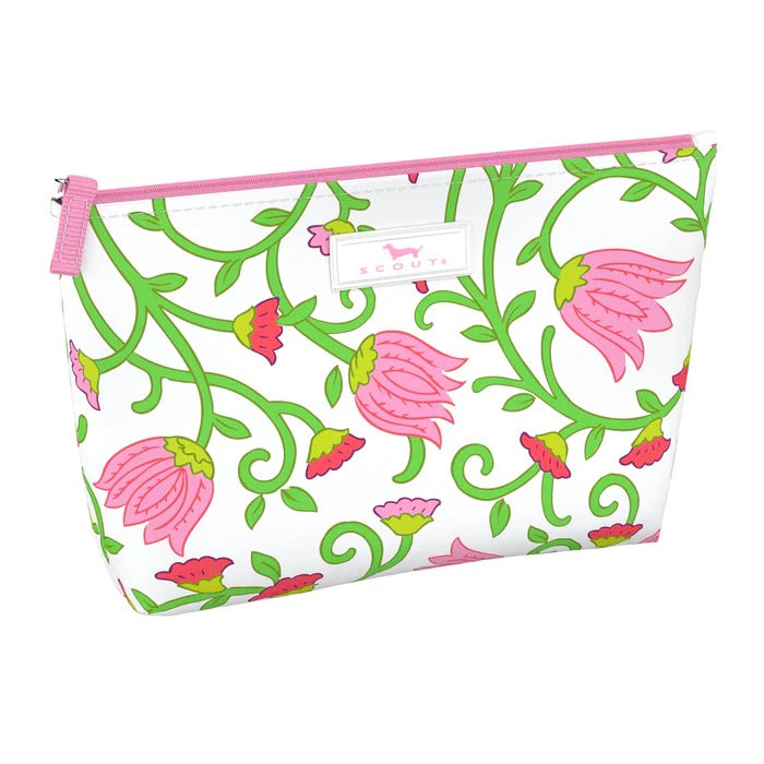 Slim Twiggy makeup bag in Late Bloomer print with zip closure, compact design perfect for small items in purse or travel bag.