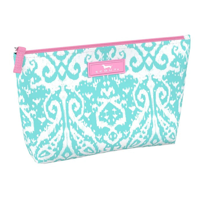 Slim Twiggy makeup bag in Take Me To Turq print, compact zippered pouch perfect for organizing small essentials in purse or travel bag.