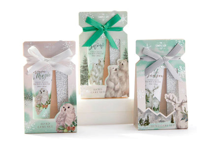 A festive hand care gift set with scented cream and glittery nail file, available in three winter-themed scents and sentiments.

