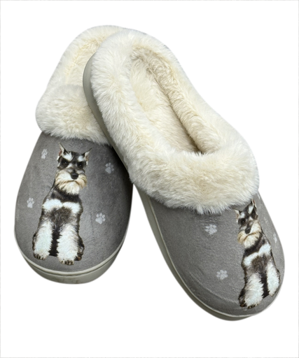 Gray Schnauzer dog slippers with signature beard and eyebrows, cozy plush interior—fun and comfy footwear for pet lovers