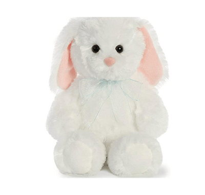 White plush bunny rabbit with pink ears and blue neck bow.