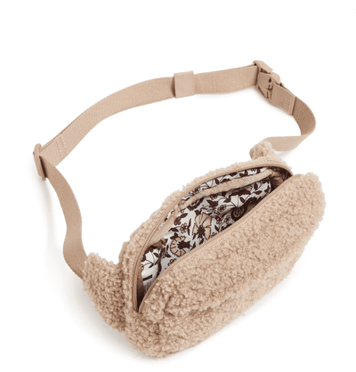 Ginger Snap Vera Bradley Mini Belt Bag with teddy fleece, front zip pocket, card slips, and adjustable strap
