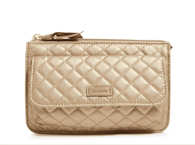 Pearlized nylon Vera Bradley RFID Wallet Crossbody with front phone pocket, back slip pocket, and multiple card slots
