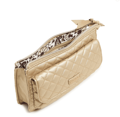 Pearlized nylon Vera Bradley RFID Wallet Crossbody with front phone pocket, back slip pocket, and multiple card slots
