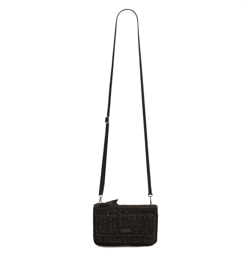 RFID Wallet Crossbody in Black polyester with phone pocket, card slots, and adjustable strap