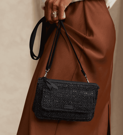 RFID Wallet Crossbody in Black polyester with phone pocket, card slots, and adjustable strap
