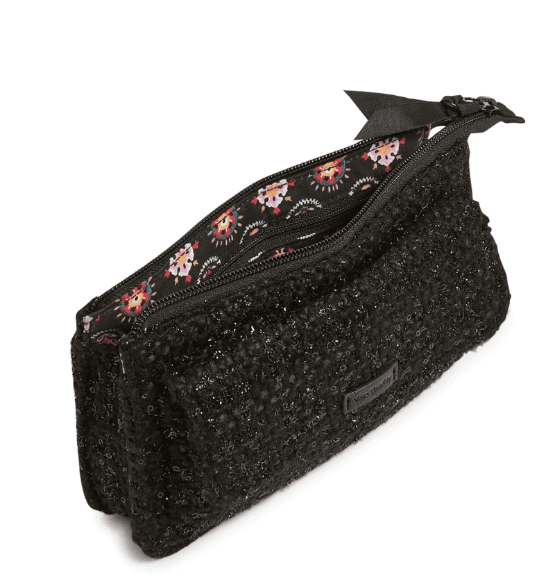 RFID Wallet Crossbody in Black polyester with phone pocket, card slots, and adjustable strap