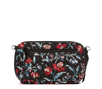 RFID All in One Crossbody in Perennials Noir with card slots, phone slip pocket, and quilted cotton design.