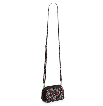 RFID All in One Crossbody in Perennials Noir with card slots, phone slip pocket, and quilted cotton design.