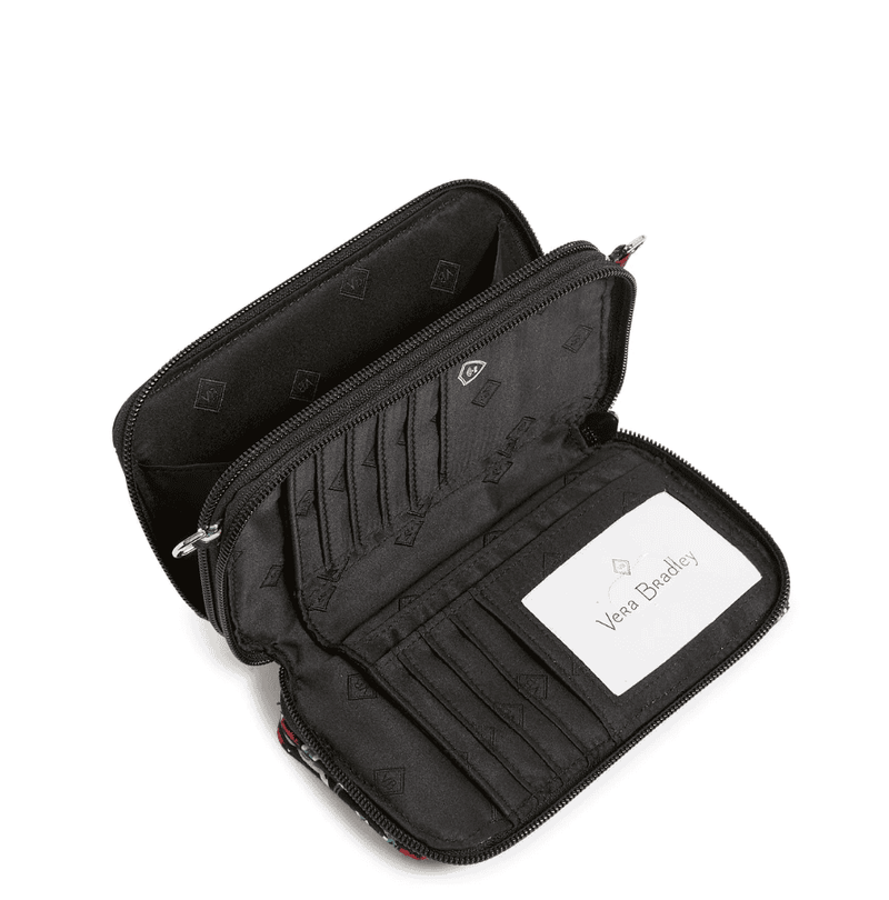 RFID All in One Crossbody in Perennials Noir with card slots, phone slip pocket, and quilted cotton design.